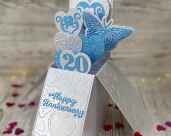 Tarjeta desplegable para 20.º aniversario de boda, recuerdo personalizado de porcelana, regalo 3D azul