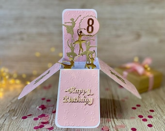 Tarjeta de cumpleaños desplegable personalizada de bailarina, recuerdo 3D rosa y dorado, regalo único hecho a mano.