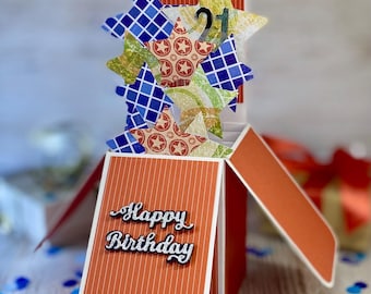 Tarjeta de cumpleaños desplegable personalizada con edad añadida, recuerdo moderno en forma de caja explosiva, tarjeta de estrella 3D para niños o hombres.