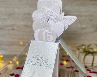 Tarjeta personalizada para el 15.º aniversario de bodas, recuerdo de cristal, felicitación 3D hecha a mano.