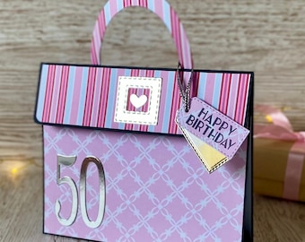 Tarjeta de cumpleaños con forma de bolso, personalizada para cualquier edad, tarjetero de felicitación 3D