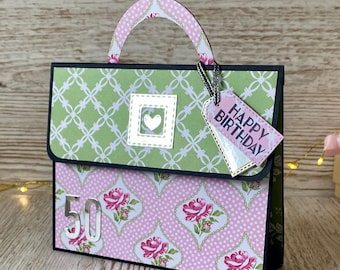 Tarjeta de cumpleaños con forma de bolso, personalizada para cualquier edad, tarjetero de felicitación 3D