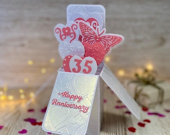Tarjeta personalizada de 35.º aniversario de boda en coral, recuerdo desplegable, regalo 3D hecho a mano