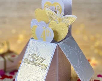 Tarjeta personalizada para el 4.º aniversario de bodas, recuerdo desplegable de lino, regalo 3D hecho a mano