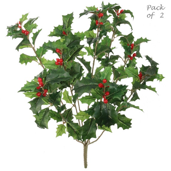 Variegated Christmas Decor Artificial Holly Bush Spray With Red Berries 