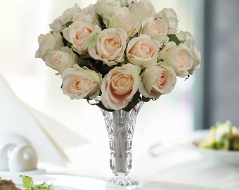 Champagne LESING Roses Artificial Flowers with Vase Fake Silk Flower Bouquet in Vase Wedding Flowers Decoration for Table Home Office Party