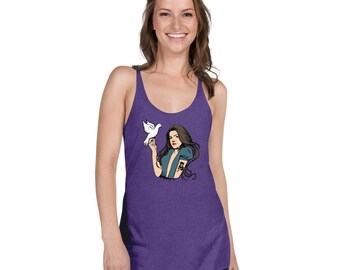 ZEPPELIN theme Racerback Tank Top for Women,Features the White Dove Plant held & a Black Dog Tattoo on her arm referencing Song by Zeppelin