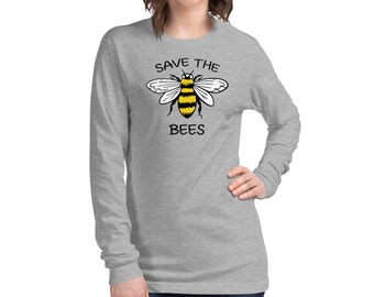 SAVE THE BEES - Women's Bee themed long-sleeve Shirt,Cute & fun Bee themed long sleeve shirt,Great gift idea for Honey Bee enthusiasts !!