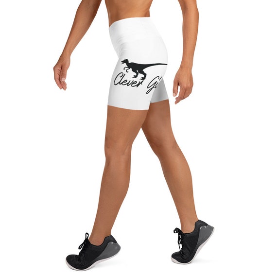 CLEVER GIRL Women's Raptor Themed White Spandex Yoga Shorts,cute Pair of  Raptor Dinosaur Theme Women's White Yoga/pilates Shorts 