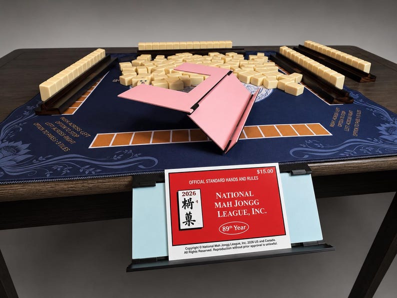Puede incluir: Un juego de Mah Jongg sobre una mesa de madera oscura. El juego incluye fichas beige, una superficie de juego azul con dise&ntilde;os florales y un soporte rosa para fichas. Un letrero con el texto "NATIONAL MAH JONGG LEAGUE, INC." es visible.