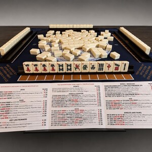 Puede incluir: Un juego de Mahjong completo con fichas y soportes de color marfil, dispuestos sobre una superficie de juego azul con caracteres chinos. Se ve una gu&iacute;a impresa con las reglas del juego. El juego est&aacute; sobre una mesa de madera oscura.