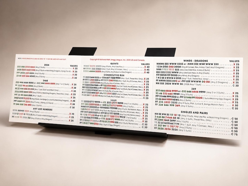 Puede incluir: Una tarjeta de Mahjong blanca con texto negro, exhibida en un soporte negro. La tarjeta enumera varias manos de Mahjong y sus valores. La tarjeta est&aacute; ligeramente inclinada.