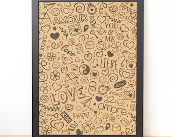 Bacheca in sughero con stampa doodle d'amore, decorazione da scrivania, bacheca, memoboard per ragazze, design in sughero, nuovo arredamento per la casa, Xoxo