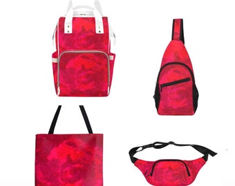 Spacious, Well-Constructed PACKS (backpack, cross-body, fanny) & TOTES For school, work, hiking, shopping, travel. Abstract red rose.