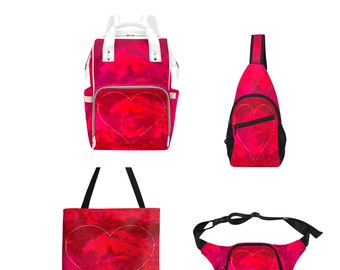 Spacious, Well-Constructed PACKS (backpack, cross-body, fanny) & TOTES For school, work, hiking, shopping, travel. Heart on red abstract.