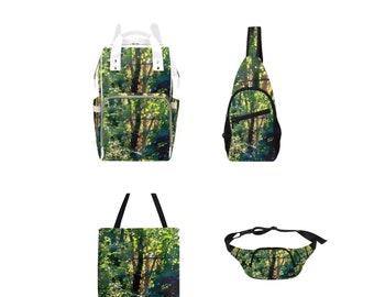 Spacious, Well-Constructed PACKS (backpack, cross-body, fanny) & TOTES For school, work, hiking, shopping, travel. Green forest abstract.