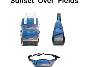 Spacious, Original, Well-Constructed FineArt BACKPACK, CROSSBODY & FANNY packs For school, work, hiking, travel. Colorful sunset over a farm