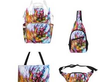 Spacious, Original and Well-Constructed PACKS (backpack, cross-body, fanny) & TOTES For school, work, hiking, travel Colorful blossom swirls