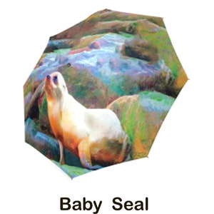 Photo Art on Wind-Resistant Compact UMBRELLA or Mini UMBRELLA + PARASOL for Children or Adults, featuring Adorable, Colorful &quot;Baby Seal&quot;