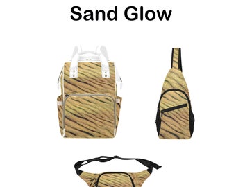 Spacious, Original, Well-Constructed FineArt BACKPACK, CROSSBODY & FANNY packs For school, work, hiking, travel. Metal-colored Sand Abstract