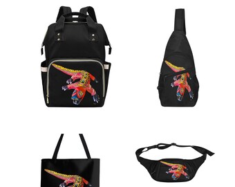 Spacious, Well-Constructed PACKS (backpack, cross-body, fanny) & TOTES For school, work, hiking, shopping, travel. Red Dragon (Lizard?)