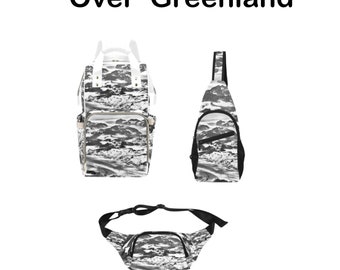 Spacious, Original and Well-Constructed FineArt BACKPACK, CROSSBODY & FANNY packs For school, work, hiking, travel. Greenland aerial view.