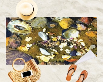 Colorful Seashells and Pebbles on Photo ART BEACH TOWEL in Standard or Extra-Long (for Tall Folks!) "Carmel Beach Tidepool #1"