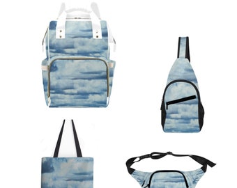 Spacious, Original and Well-Constructed PACKS (backpack, cross-body, fanny) & TOTES For school, work, hiking, travel Blue cloud abstract