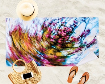 Psychedelic Tie Dye Styled Swirl of Flowering Tree on Photo ART BEACH TOWEL in Standard or Extra-Long (for Tall Folks!) "Blossom Whirl"