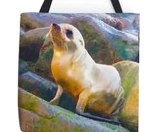 Spacious, Original, Sturdy, Fully-Lined, Double-Sided TOTES For school, shopping and toting! "Baby Seal" - Adorable, Bright, Multicolored.