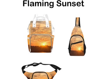 Spacious, Original and Well-Constructed FineArt BACKPACK, CROSSBODY & FANNY packs For school, work, hiking, travel. Fiery Orange Sunset.