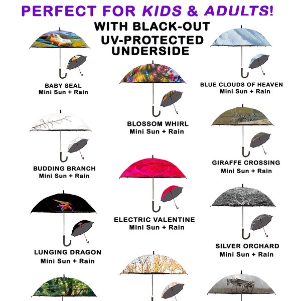 Mini SUN PARASOLS (that double as rain UMBRELLAS) with Blacked-Out, Sun-Protected Underside - Great for a Child or Adult!