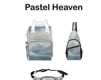 Spacious, Original and Well-Constructed FineArt BACKPACK, CROSSBODY & FANNY packs For school, work, hiking, travel. Pastel cloud design.