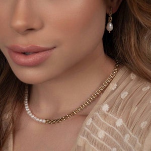 Elegant Gold Chain With Pearls,Dainty Freshwater Pearl Necklace, Half Pearl And Chain Necklace, Pearl Wedding Jewelry, Any Occasion Jewelry image 1