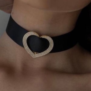 Vintage Gold Heart Pendant Necklace, Minimalist Dainty Choker, Pave Open Heart Jewelry Gift