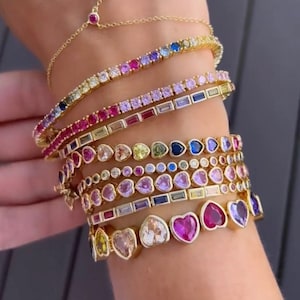 Elegant Rainbow Heart Tennis Bracelet - Multicolor Crystal Charm Jewelry For Special Occasions