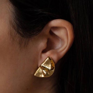 Gold Fan Stud Earrings, Wave Fluid Stud Earrings,Minimalist Gold Earrings,Modern Stud Earrings, Irregular Earrings,Gold Fan Shaped Earrings image 1