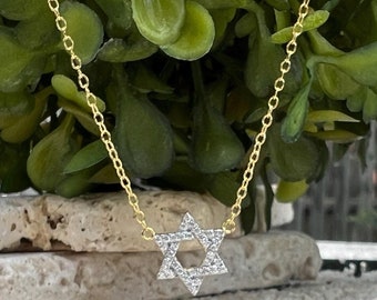 Gold Magen David Necklace with Diamonds - Adjustable Star of David Pendant