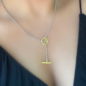 Silver and Gold Lariat Drop Necklace with Toggle Clasp for Layering