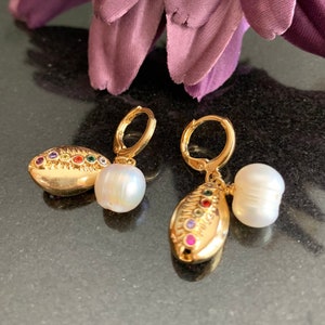Cowrie Shell Hoop Earrings: Rainbow CZ, Pearl Dangle, 18K Gold Plated