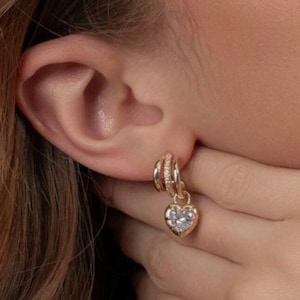 18k Gold Plated Hoop Heart Earrings, Dainty CZ, Minimalist Valentines Gift for Her