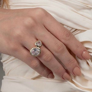 Silver Ring With CZ-Double Diamond Gold Ring-Gold Heart Ring-Double Diamond Gold Ring- Contemporary Ring-Two Stone Gold Ring-Minimalist Ring