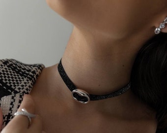 Black Velvet Choker, Minimalist Black Choker, Choker With Silver Charm, Black Thin Choker Necklace, Dainty Black Choker, Black Ribbon Choker