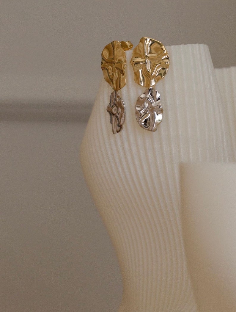 Gold and Silver Dangle Earrings, Two Drops Stud Earrings, Minimalist Gold Earrings,Linked Circle Earrings, Irregular Gold Earrings image 7