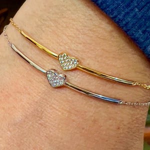Delicate Heart Bangle Adjustable CZ Pave Bracelet In Gold Or Silver - Elegant Minimalist Gift for Her