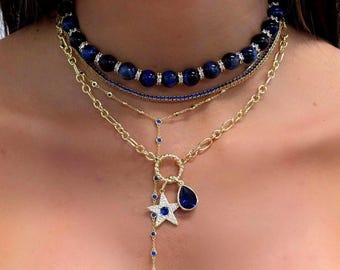 Boho blauwe steen Lariat Y-ketting sierlijke gelaagdheid zomersieraden handgemaakt goud cadeau