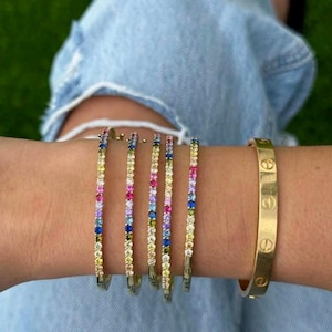 Elegant Rainbow CZ Bangle Stackable Cuff Bracelet For Women - Colorful Pride Jewelry Gift