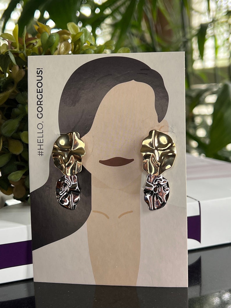 Gold and Silver Dangle Earrings, Two Drops Stud Earrings, Minimalist Gold Earrings,Linked Circle Earrings, Irregular Gold Earrings image 5