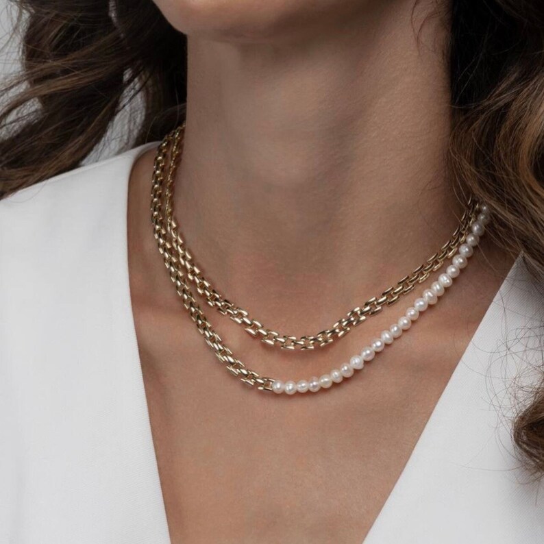 Elegant Gold Chain With Pearls,Dainty Freshwater Pearl Necklace, Half Pearl And Chain Necklace, Pearl Wedding Jewelry, Any Occasion Jewelry image 10