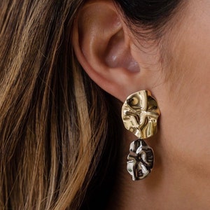 Gold and Silver Dangle Earrings, Two Drops Stud Earrings, Minimalist Gold Earrings,Linked Circle Earrings, Irregular Gold Earrings image 1